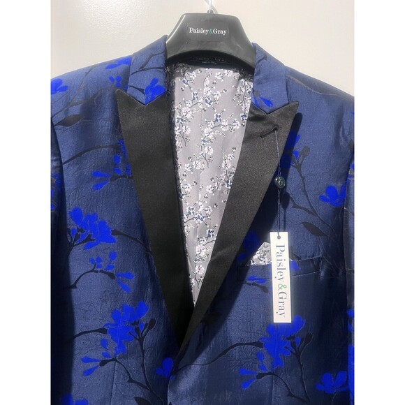 Paisley & Gray Men's Slim Fit Blue Floral Suit Blazer Tuxedo Jacket Size 38R - Picture 5 of 16